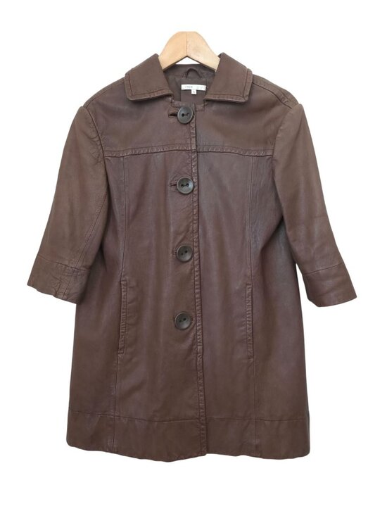 Vince Jackets & Blazers - Vince Brown Leather 3/4 Sleeve Big Button-Front Coat Jacket Women's Size S